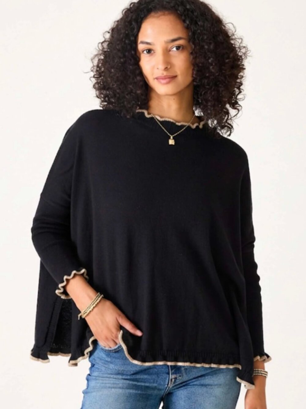 Mersea Catalina Cotton Ruffle Sweater Black Taupe One Size NEW *F19